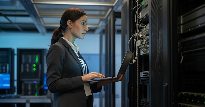 Focused female IT specialist using laptop to configure network servers in a data center