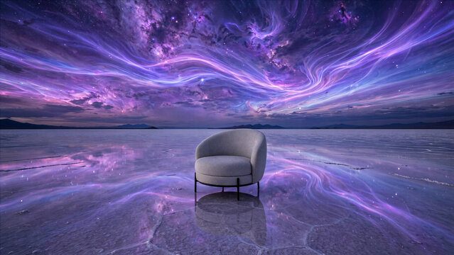 Sleek round armchair on a giant reflective salt flat under a stunning cosmic sky with violet stardust.