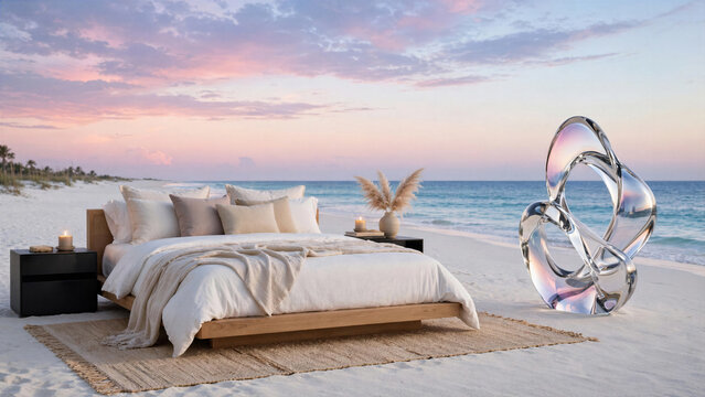 Luxury modern bedroom setup on a white sand beach with an abstract glass sculpture reflecting a pastel sky.