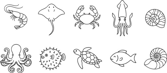 Minimalist ocean life line art icon set featuring shrimp stingray crab squid octopus puffer fish sea turtle and spiral shell symbols © mdhusne