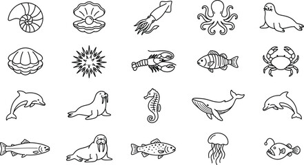 Minimalist ocean life line art icon set featuring sea shell pearl squid octopus seal urchin lobster crab dolphin walrus whale seahorse symbols © mdhusne