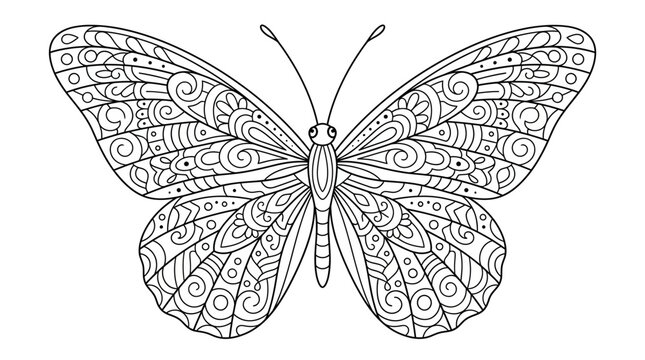 Intricate Butterfly Line Art Mandala Pattern for Adult Coloring Book Pages and Creative Artistic Relaxation Projects