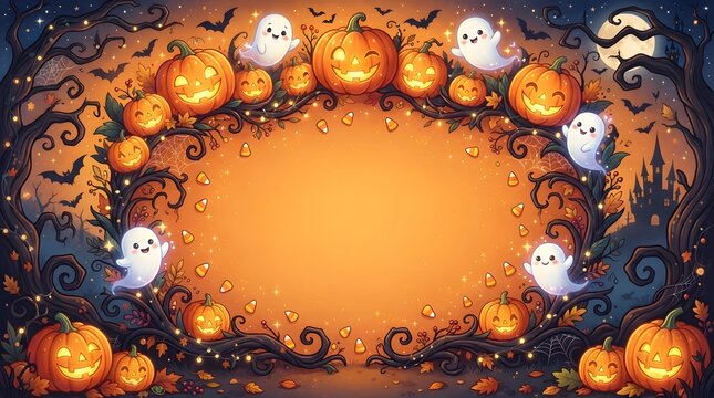 Whimsical halloween border with pumpkins and ghosts