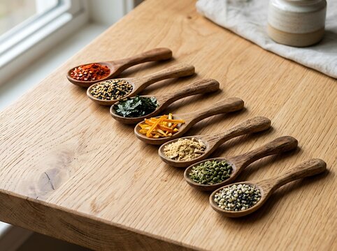 Wooden spoons with various colorful spices and grains on a wooden table. Japanese spice mix