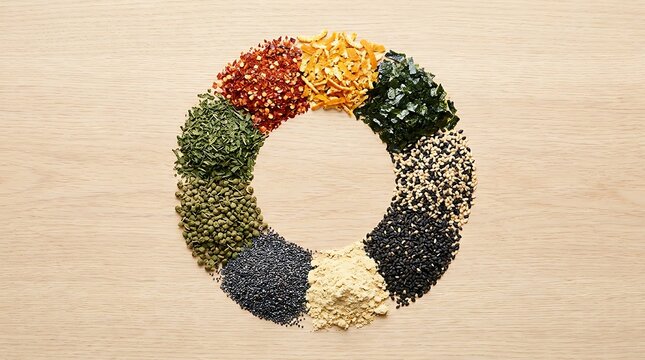 Colorful circle of various raw spices and dried herbs arranged on a light green background. Japanese spice mix