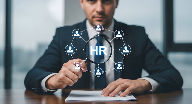Professional businessman holding magnifying glass searching for human resources talent