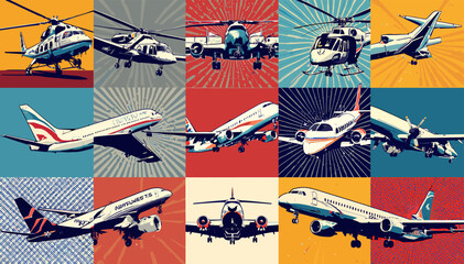A vibrant pop art collage showcasing a diverse collection of aircraft, including helicopters and airplanes, set against colorful, radiating backgrounds. © ais