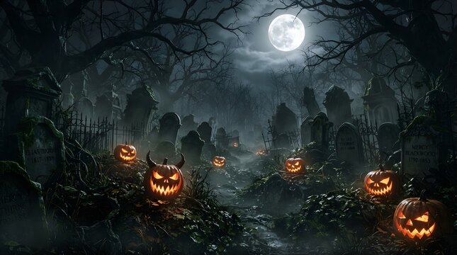 Eerie halloween graveyard with glowing pumpkins