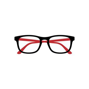 A pair of stylish black-framed eyeglasses with vibrant red temples on a clean white background, a modern accessory.