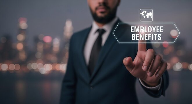 Businessman pressing employee benefits button on virtual touchscreen interface concept