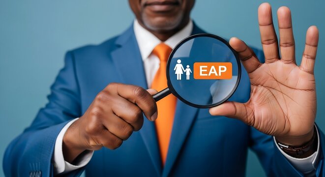 Professional businessman holding magnifying glass showing EAP employee assistance program