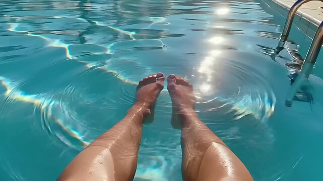 Summer hot vibe lifestyle. A closeup shot of a persons legs submerged in clear blue water. The persons bare feet are visible, with water droplets glistening on their skin.