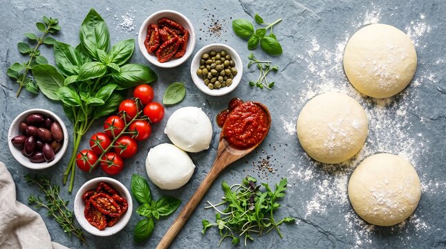 Fresh pizza ingredients on slate surface including dough balls mozzarella tomatoes basil olives capers and marinara sauce for making homemade traditional italian.