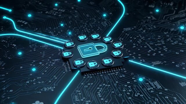 Digital security concept with glowing padlock icon on a microchip and interconnected data paths on a circuit board.