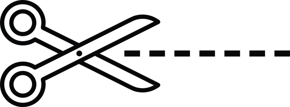 Scissors with dashed cut line vector outline icon coupon trimmer tool tailor craft symbol separate boundary element
