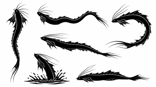 Set of Oarfish Silhouettes in Various Dynamic Swimming Poses