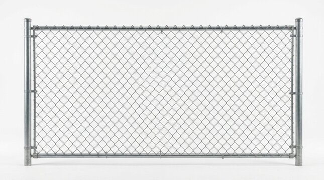 Chain link fence isolated on white background. Galvanized steel wire mesh barrier for commercial and industrial property security, boundary protection, and restricted area safety construction detail.