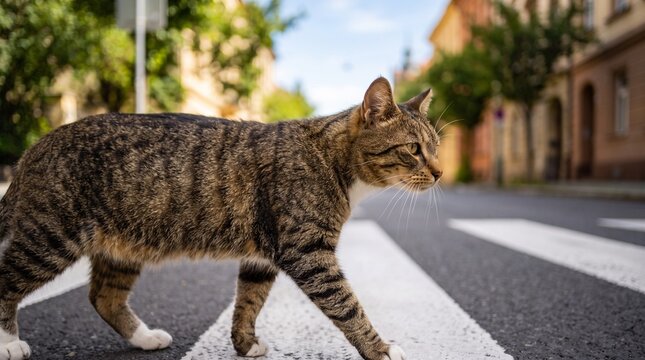 Side view of a tabby cat walking on a pedestrian crosswalk.