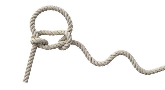 Thick nautical rope tied in a bowline knot against white background