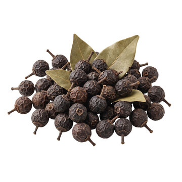 Dried cubeb berries with leaves. Whole piper cubeba spice isolated on Transparent background.