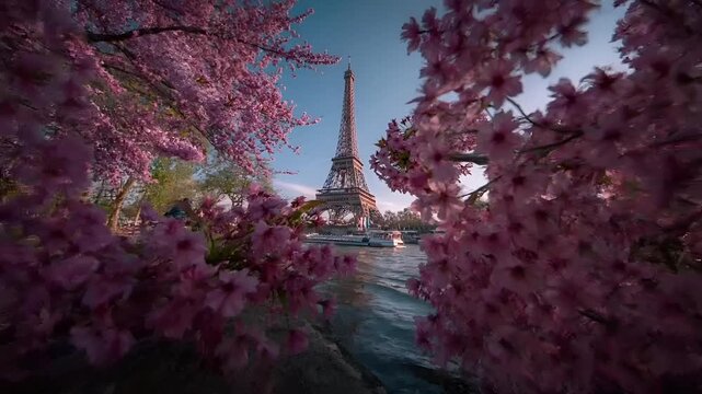 Paris, France, Europe. A vivid portrayal of the Eiffel Tower in Paris, France, bathed in the soft glow of the setting sun.