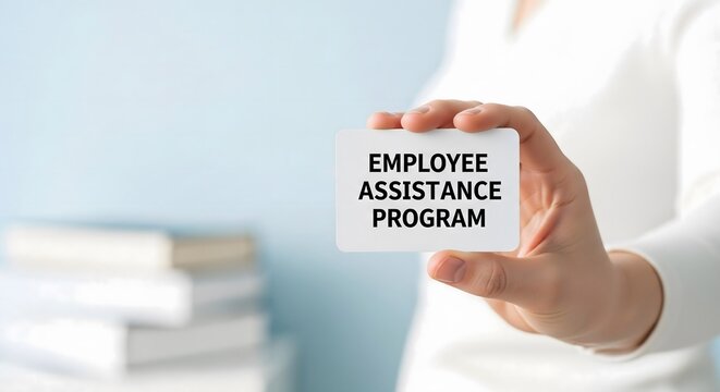 Woman holding business card with employee assistance program text