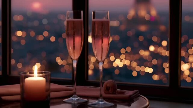 Paris, France, Europe. A romantic scene set in a luxurious room with a panoramic view of the Eiffel Tower at twilight. Two champagne flutes filled with sparkling pink liquid sit on a round table.