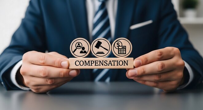 Professional Businessman Holding Compensation Block with Legal and Financial Icons