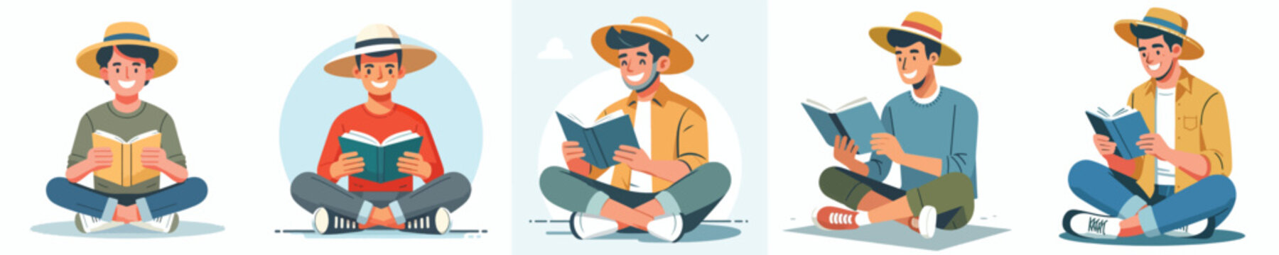 Flat vector illustration of a happy man sitting on the floor reading a book, wearing a summer outfit