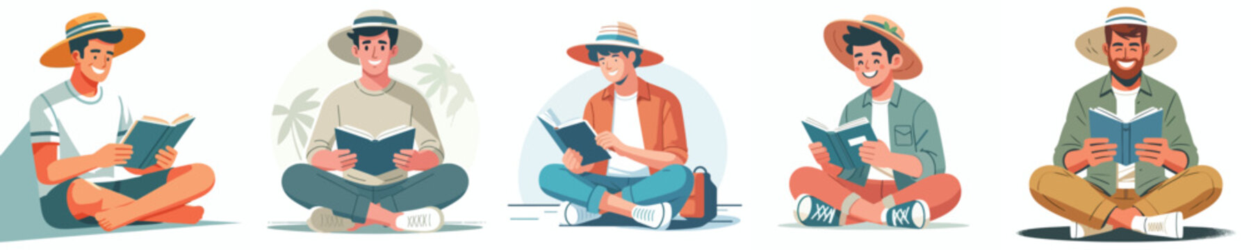 Flat vector illustration of a happy man sitting on the floor reading a book, wearing a summer outfit