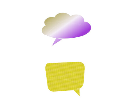 Purple cloud and yellow square speech bubbles with striped pattern for communication and messaging design elements for projects