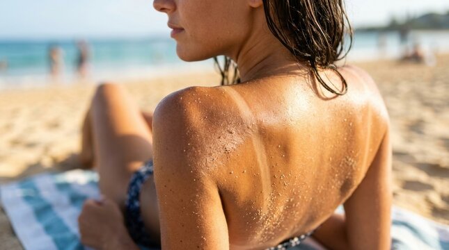 Close up of a young woman tanning her back on the beach with sand on her skin, golden hour sunlight, summer vacation travel lifestyle concept, beautiful female model sunbathing by the ocean.