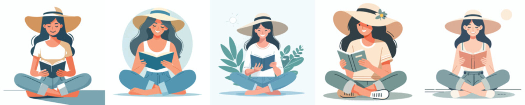 Flat vector illustration of a happy woman sitting on the floor reading a book, wearing a summer outfit