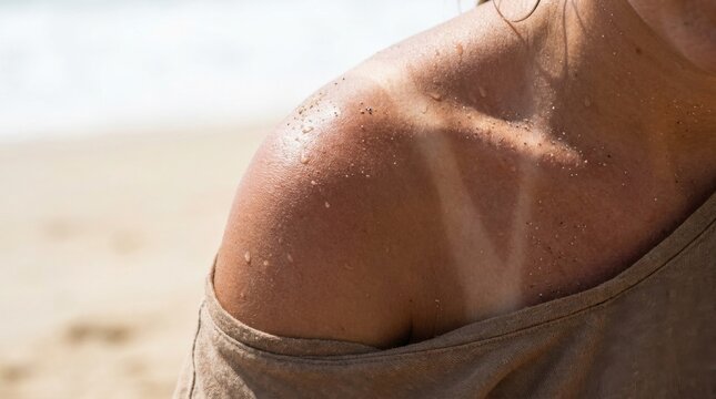 Close up of a young woman tanned shoulder with water drops and sand particles after swimming in the ocean on a sunny summer day at the beach, showing tan lines from a bikini top, healthy skin
