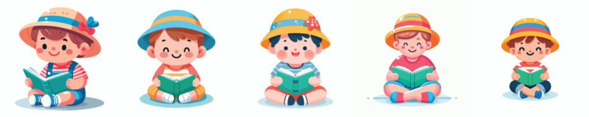 Flat vector illustration of a happy little boy sitting on the floor reading a book, wearing a summer outfit