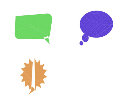 Three colorful speech bubbles with textured embroidery style for chat message design and communication icons for web interface