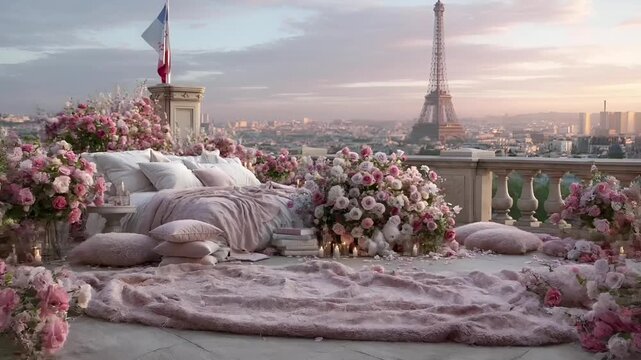 Paris, France, Europe. A romantic scene set on a rooftop terrace overlooking the Eiffel Tower in Paris, France. The sky is painted in soft pink and purple hues, indicating either dawn or dusk.