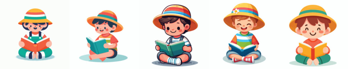 Flat vector illustration of a happy little boy sitting on the floor reading a book, wearing a summer outfit