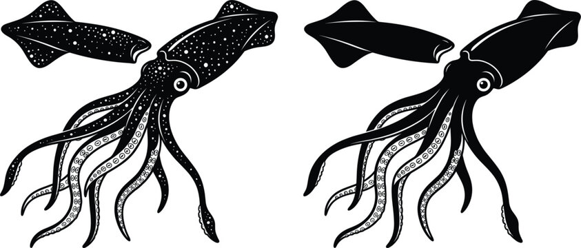 Black squid silhouette vector illustration set with detailed ink texture marine animal element collection isolated on white background seafood concept