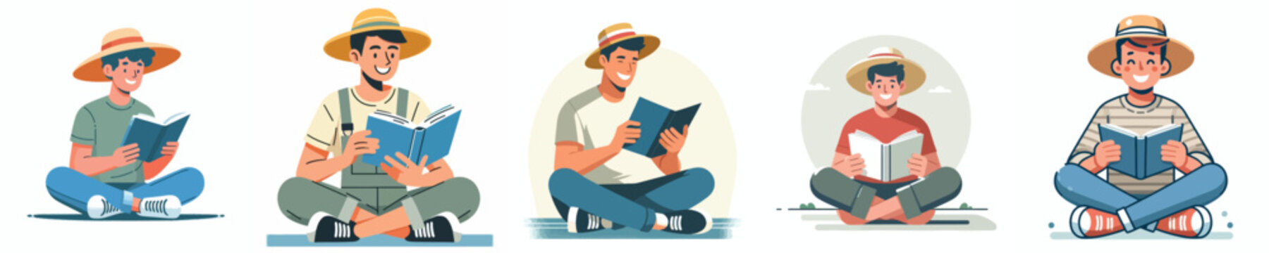 Flat vector illustration of a happy man sitting on the floor reading a book, wearing a summer outfit