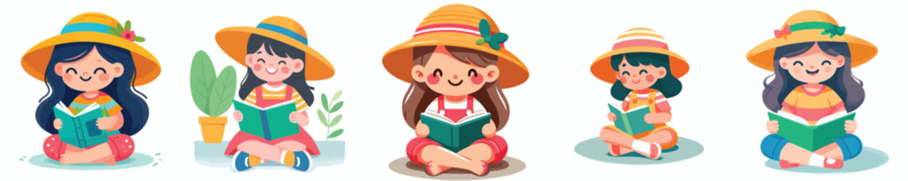 Flat vector illustration of a happy little girl sitting on the floor reading a book, wearing a summer outfit