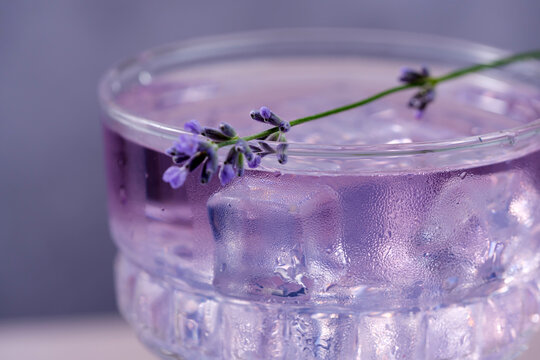 Close up drink with ice and lavender flower on the rim in a clear glass with purple liquid on a light background