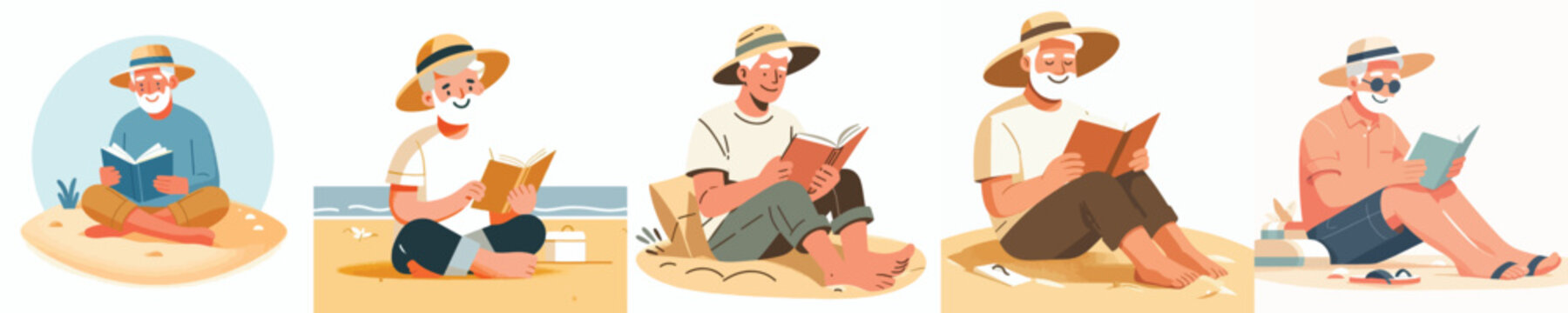 Flat vector illustration of a happy grandpa sitting on the sand beach reading a book in summer vibes