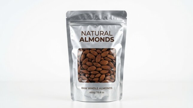 Natural almonds in a silver foil pouch isolated on white background