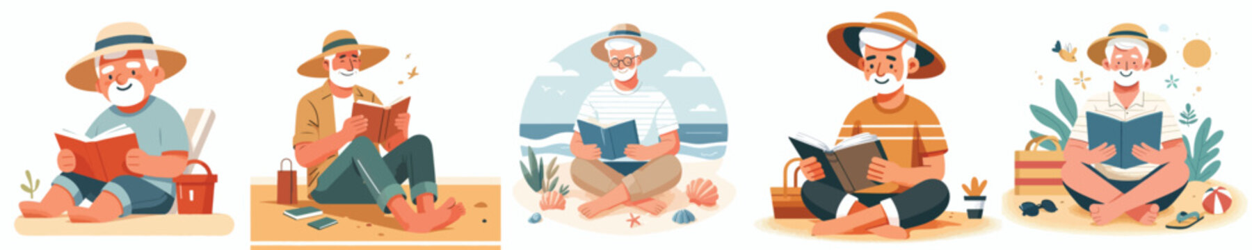 Flat vector illustration of a happy grandpa sitting on the sand beach reading a book in summer vibes