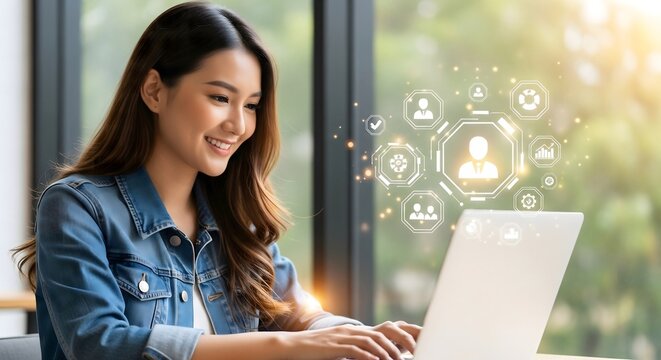 Young Asian woman using laptop with digital human resources icons