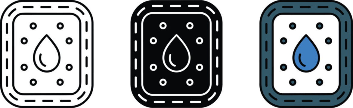 Droplet icons featuring a water drop symbol within rounded square patches presented in linear, solid black, and colorful modern decorative button formats
