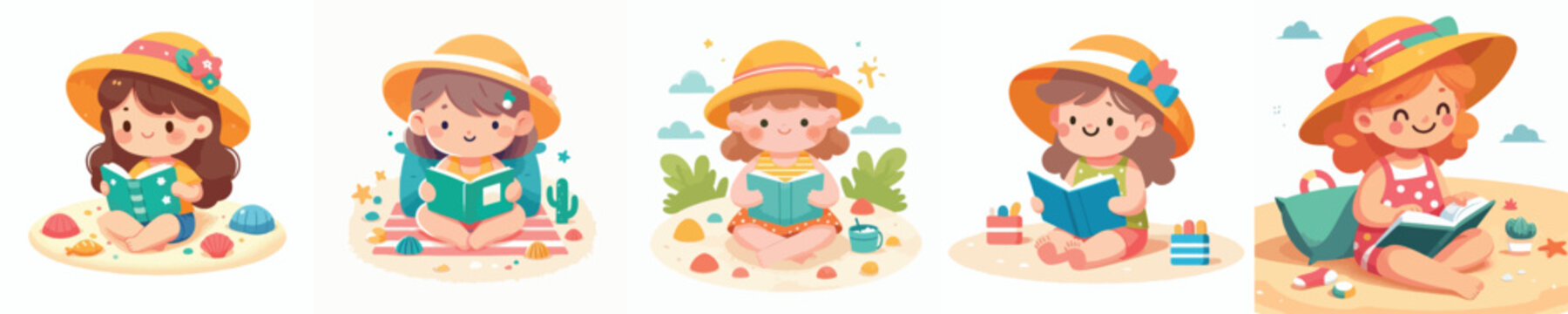 Flat vector illustration of a happy little girl sitting on the sand beach reading a book in summer vibes