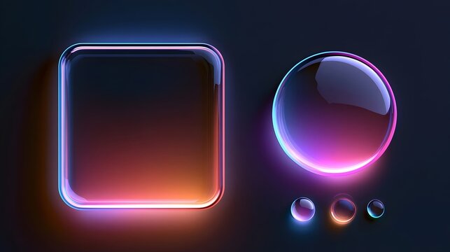 3D Liquid glass smartphone interface isolated. UI UX light frame rounded square and circle elements with a glow stroke. Collection design widget for smartphone and web app. Stock Vector
