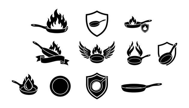 Pans with Flames and Shields in a Cooking Illustration Set Featuring Pan, Flame, Shield with Fire and Frying